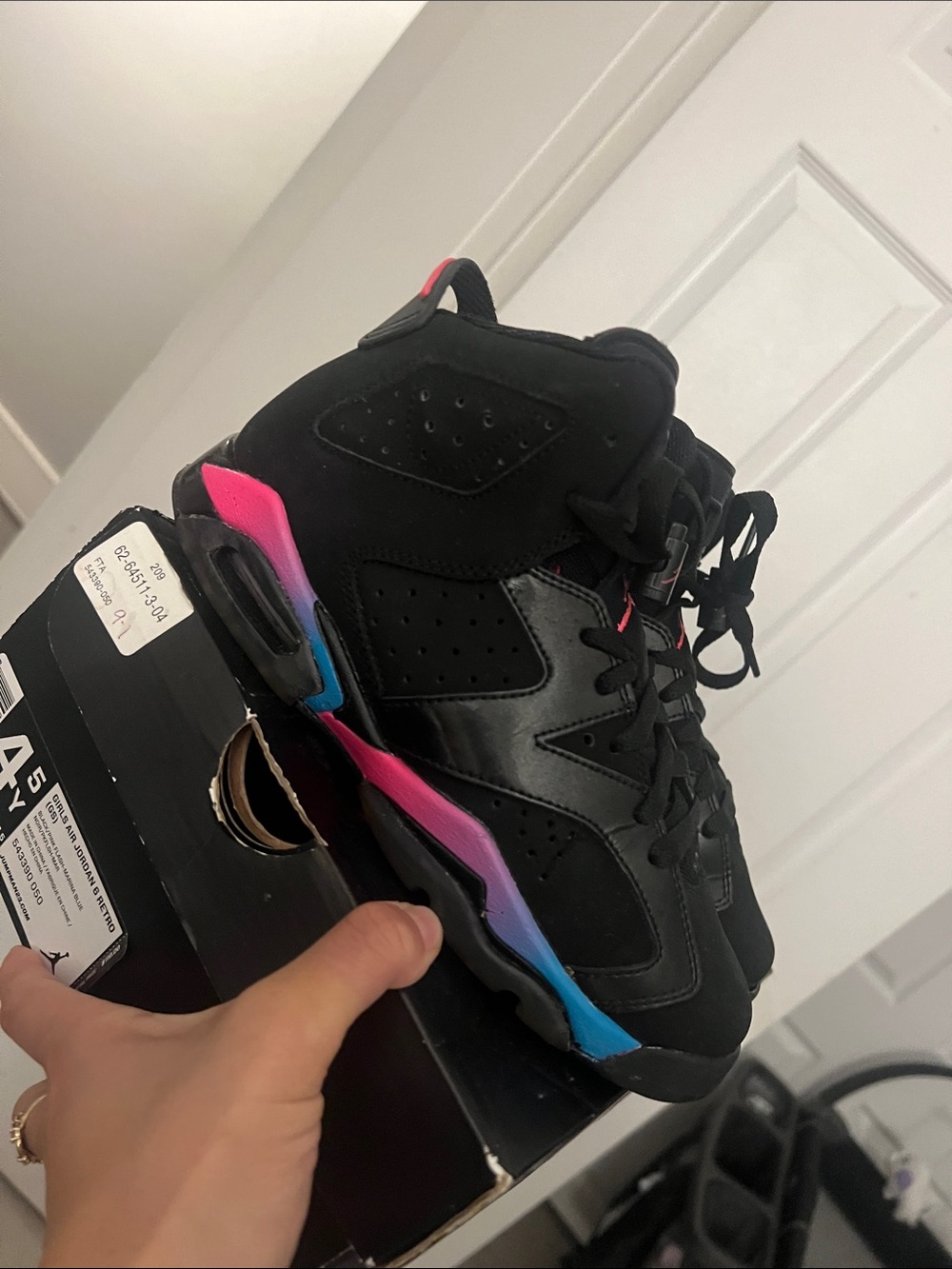 Jordan Kids Black Sneakers with Pink and Blue Gradient Accents